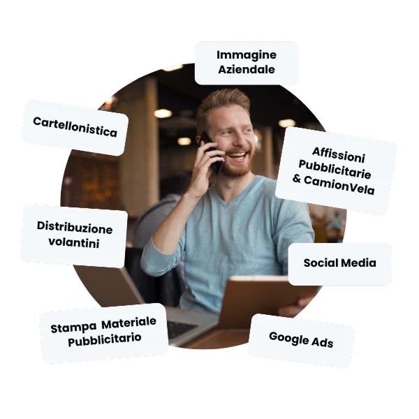 Agenzia comunicazione e marketing Sardegna: Consulente al telefono con servizi di comunicazione aziendale integrata dedicati a branding, marketing e pubblicità