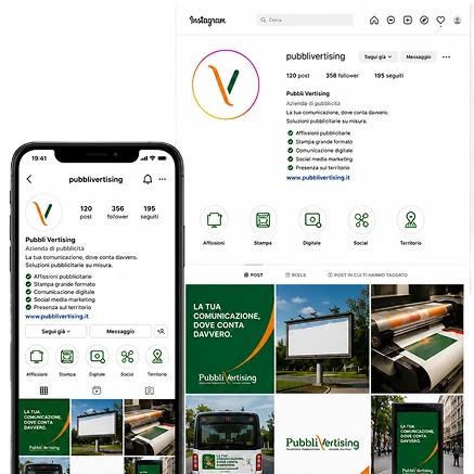 Smartphone con profilo social aziendale utilizzato per la gestione dei contenuti e della presenza sui social media