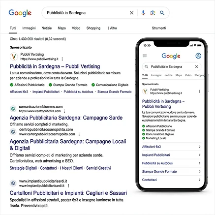 Risultati di ricerca Google visualizzati su desktop e smartphone per attività di posizionamento SEO e visibilità online